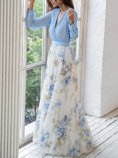 Aurora | Botanical Print Print V Neck Chiffon Maxi Dress