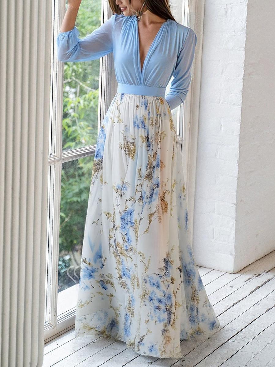 Aurora | Botanical Print Print V Neck Chiffon Maxi Dress