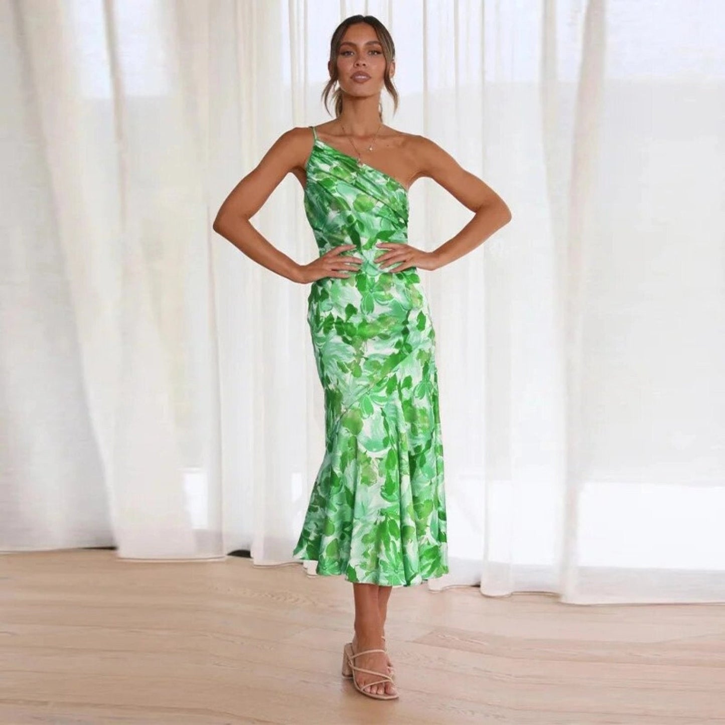Stephanie | One Shoulder Botanical Print Summer Wedding Guest Midi Dress
