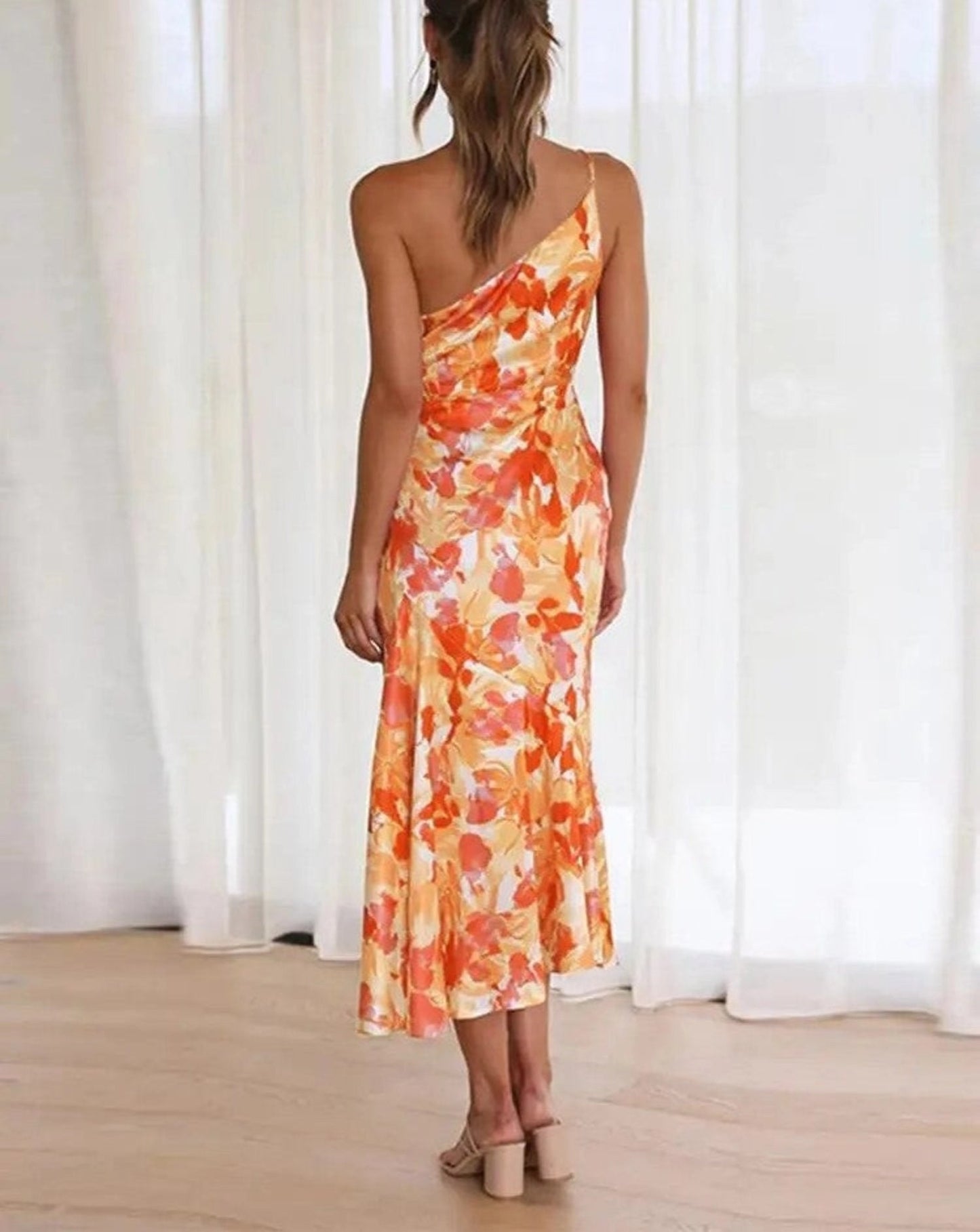Stephanie | One Shoulder Botanical Print Summer Wedding Guest Midi Dress