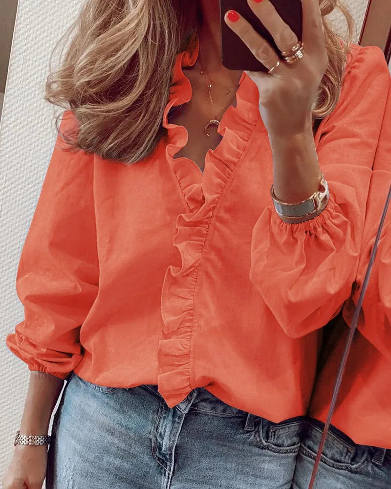 Bria | Tiered Ruffle V Neck Long Sleeve Summer Blouse