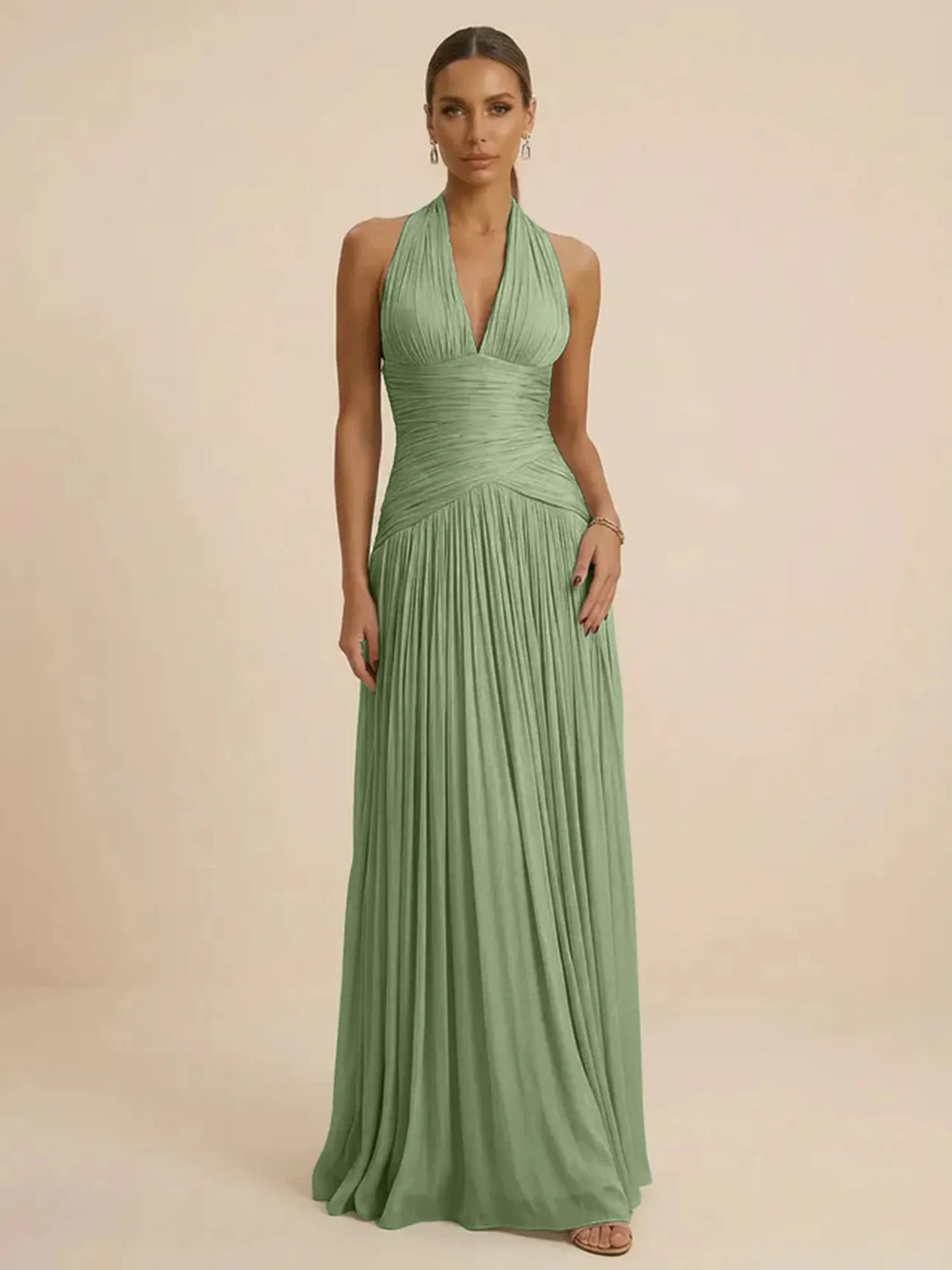 Sage | Halter Neck Pleated Ruched Chiffon Summer Wedding Guest Dress