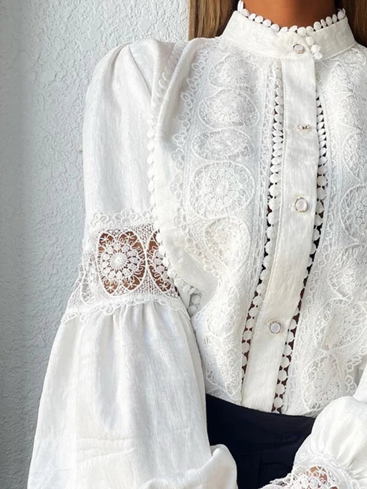 Abby | Lace-Trim Puff Sleeve Button Up Blouse