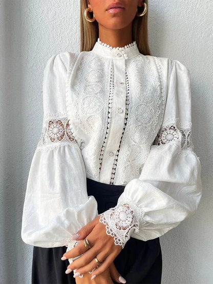 Abby | Lace-Trim Puff Sleeve Button Up Blouse