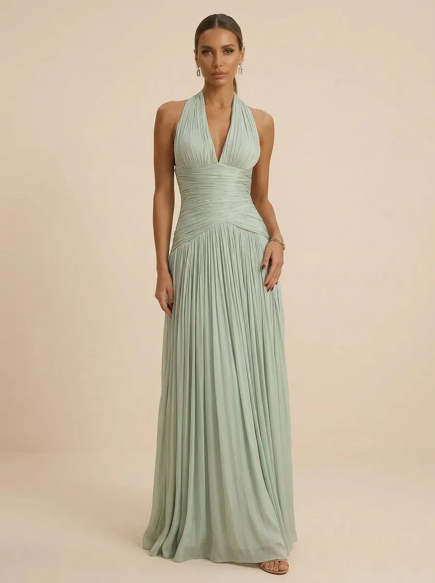 Sage | Halter Neck Pleated Ruched Chiffon Summer Wedding Guest Dress