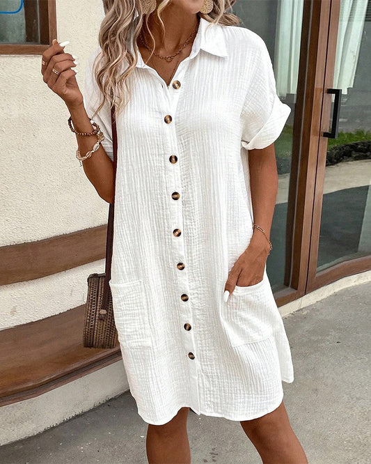 Melissa | V-neck Button Up Summer Linen T-Shirt Mini Dress