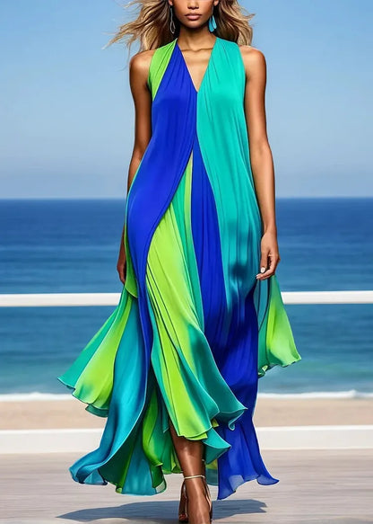 Alice | Colorful Front-Pleated Halter Chiffon Maxi Beach Dress