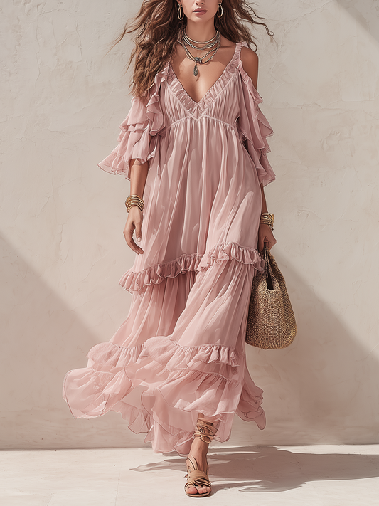 Blush | Tiered Ruffle Boho Summer Maxi Dress